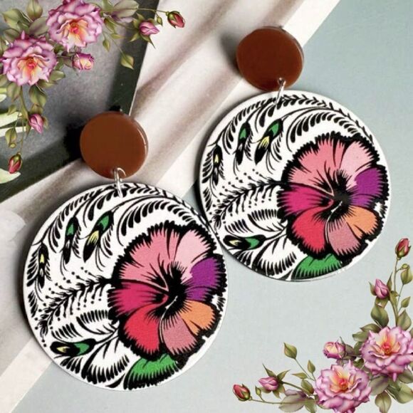 Bohemian Style Handmade Acrylic Tropical Flower Round Earrings - Picture 13 of 13